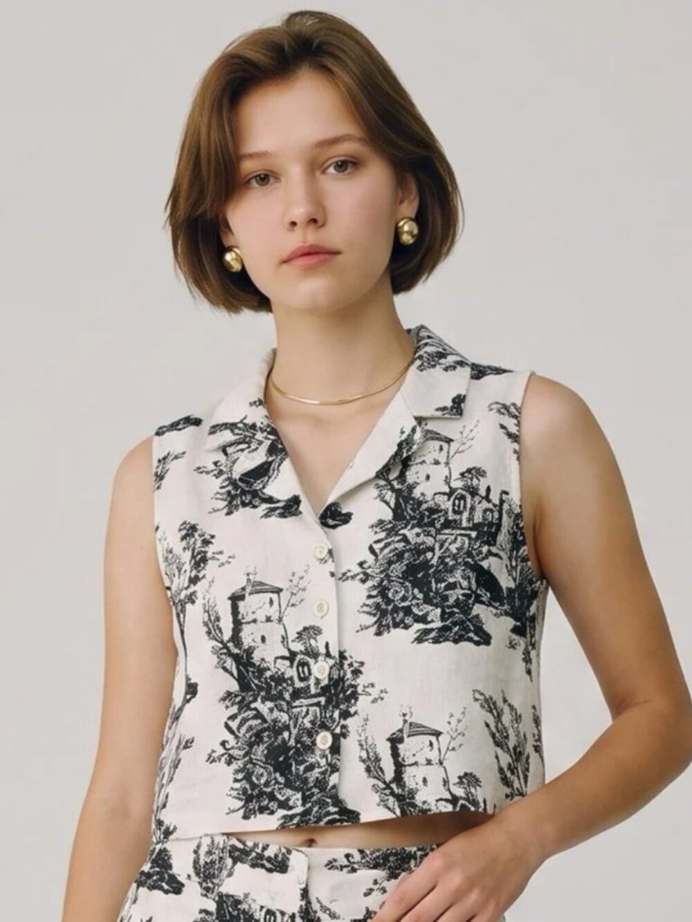Joie 100% Linen Toile de Jouy Sleeveless Crop Top S Black White Cottagecore Chic